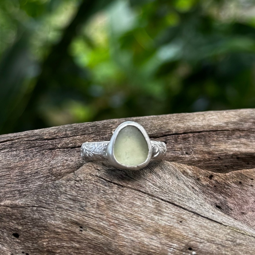 Sea foam sea glass beaded floral sterling & fine silver thick band